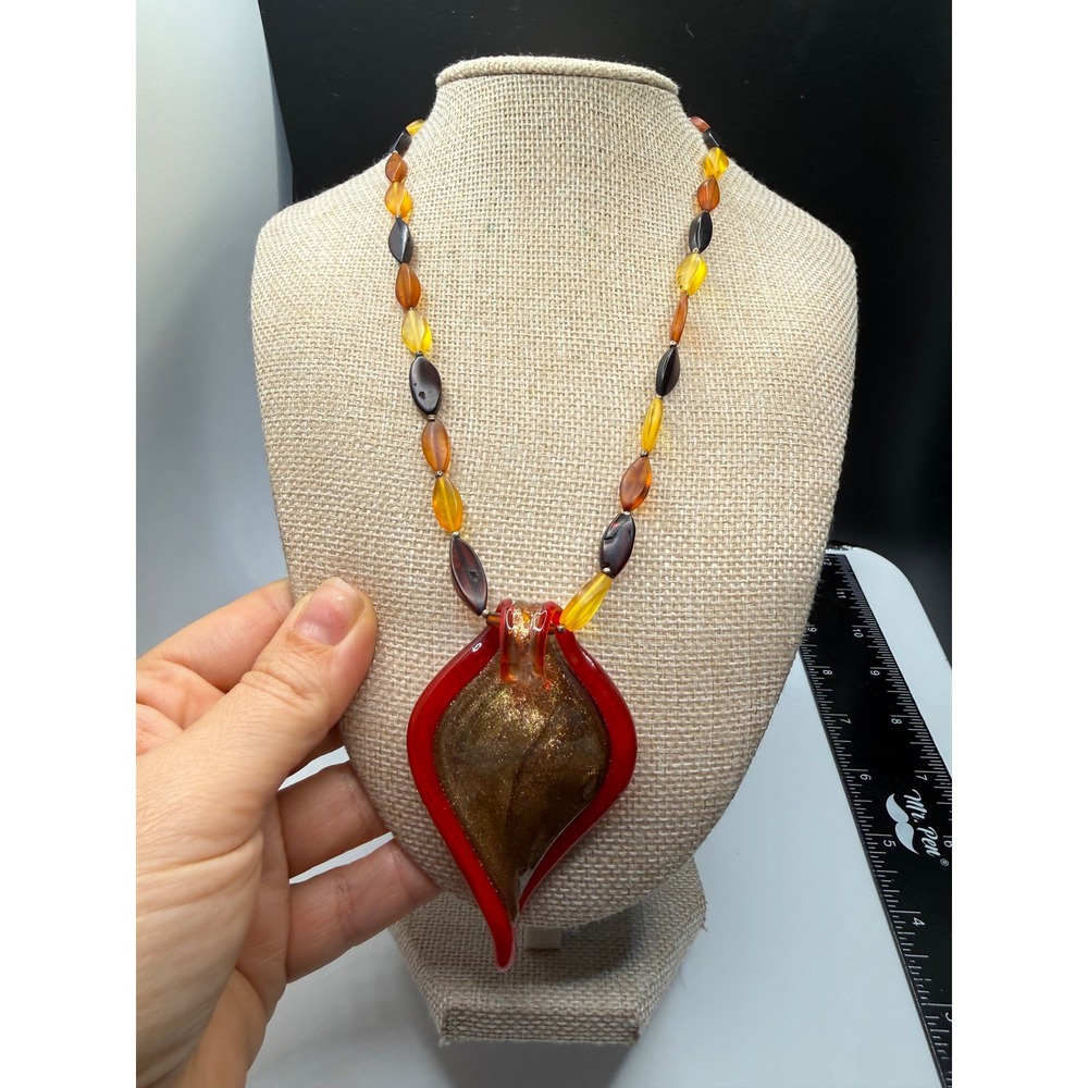 Art Glass Reversible Pendant Necklace Red Gold Aventurine Swirl Amber Beads 18"